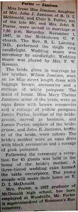 Marriage Notice for Clair S. PORTER to Irene Mae Jamison, 1 Nov 1947