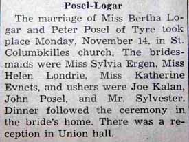 Marriage Notice for Peter POSEL to Bertha Logar, 14 Nov 1938