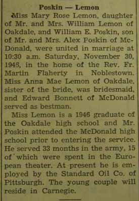 Marriage Notice for William E. POSKIN to Mary Rose Lemon, 30 Nov 1946