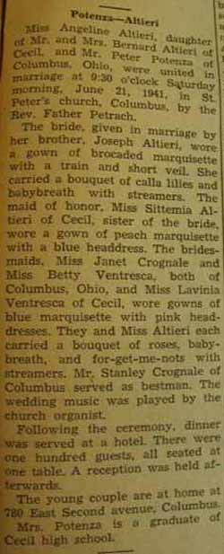 Marriage notice for 
Peter POTENZA to Angeline Altieri, 21 June 1941