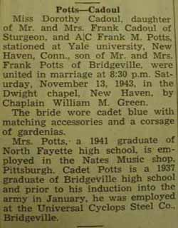 Marriage Notice for 
Frank M. POTTS to Dorothy Cadoul 13 Nov 1943