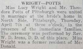 1st Article Marriage Notice for Theodore POTTS to Lucy Wright, 7 Apr 1921