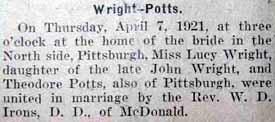 2nd Article Marriage Notice for Theodore POTTS to Lucy Wright, 7 Apr 1921