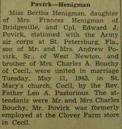 Marriage Notice for Edward J. POVIRK to Bertha Henigman, 11 May 1943