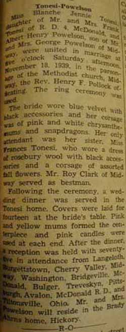 Marriage Notice for Albert Henry POWELSON to Blanch Jennie Tonesi, 18 Nov 1939