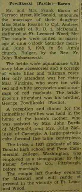 Marriage Notice for Andrew POWLIKOSKI to Stella Rosalie Baron, 5 Jun 1943