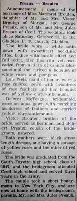 Marriage Notice for George PREAUX to Margaret Brouten, 25 Oct 1947