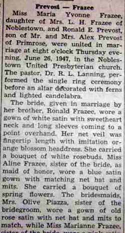 Part 1 Marriage Notice for Ronald E. PREVOST to Maria Yvonne Frazee, 26 Jun 1947
