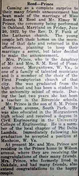 Marriage Notice for Elmer W. PRINCE to Roseta M. Reed, 20 Jun 1922