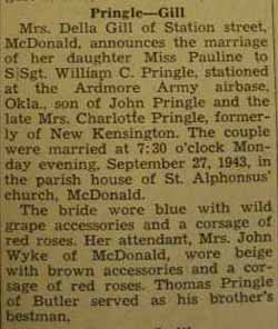 Marriage notice for 
William C. PRINGLE to Pauline Gill, 27 Sep 1943