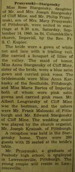Marriage notice for 
Philip PRUSYZNSKI to Rose Stargensky, 14 Sep 1940