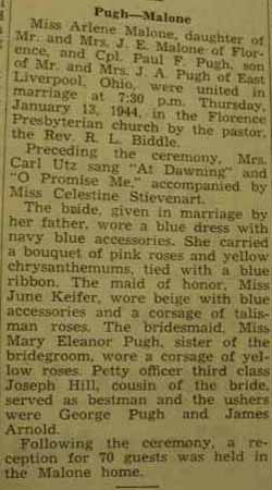 Marriage notice for 
Paul F. PUGH to Arlene Malone, 13 Jan 1944