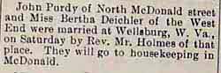 Marriage Notice for John PURDY to Bertha DEICHLER, Sat., no date, in 1-31-1906 paper
