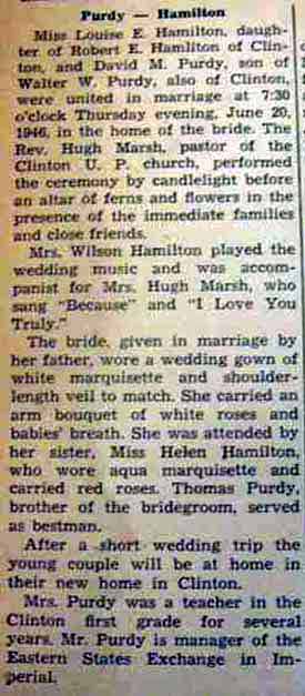 Marriage Notice for David M. PURDY to Louise E. Hamilton, 20 Jun 1946