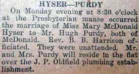 Marriage Notice for Hugh PURDY to Mary McDonald Hyser, no date, in 8-11-1921 paper