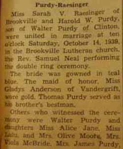 Part 1 Marriage Notice for 
Harold W. PURDY to Sarah V. Raesinger, 14 Oct 1939