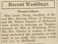 Marriage Notice for Mr. Walter PUSATERI and Miss Leona DHANS, Tuesday, January 10, 1933