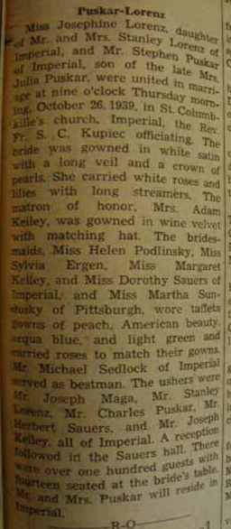 Marriage Notice for Stephen PUSKAR to Josephine Lorenz, 26 Oct 1939