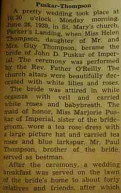 Part 1 Marriage Notice for John D. PUSKAR to Helen Thompson, 26 Jun 1939