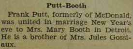 Marriage Notice for Frank PUTT to Mrs. Mary Booth, 31 Dec 1936