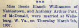 Marriage Notice for Anthony Arthur PUTT to Bessie Blanch Williamson, 7 Mar 1907