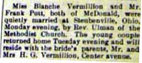 Marriage Notice for Frank PUTT to Blanche Vermillion, no date, in 4-17-1908 paper