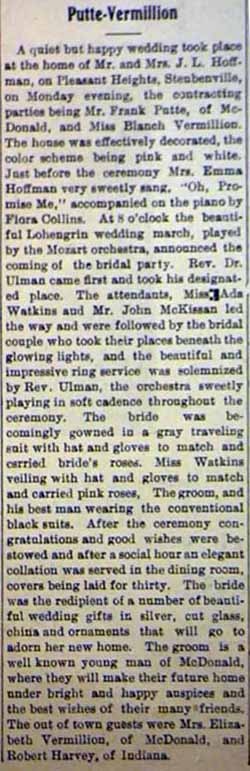 2nd Article Marriage Notice Frank PUTT to Blanche Vermillion, no date, in 4-17-1908 paper
