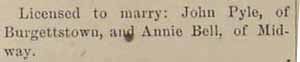 Marriage License for John PYLE to Annie BELL, Feb. 1892