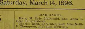 Marriage Notice for Harry M. PYLE to Anna L. Reed, no date, in 3-14-1896 paper