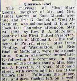 Marriage Notice for  Eric G. CASHEL to Mary Querns, 24 May 1928, part1