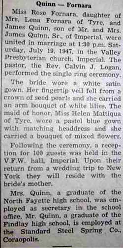 Marriage Notice for James QUINN to Rose Fornara, 19 Jul 1947