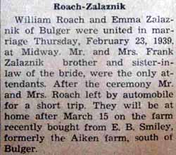 Marriage Notice for William ROACH to Emma Zalaznik, 23 Feb 1939