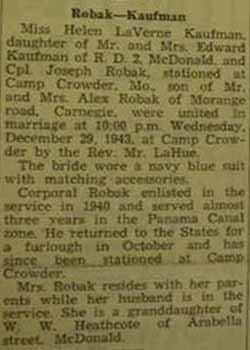 Marriage Notice for Joseph ROBAK to Helen LaVerne Kaufman, 29 Dec 1943