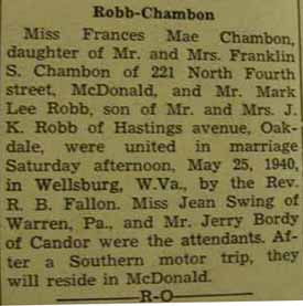 Marriage Notice for Mark Lee ROBB to Frances Mae Chambon, 25 May 1940