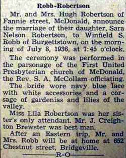 Marriage Notice for Winfield S. ROBB to Sara Nelson Robertson, 8 Jul 1936