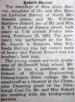 Marriage Notice for William Matthew ROBERT to Alma Harvey, 22 Feb 1935