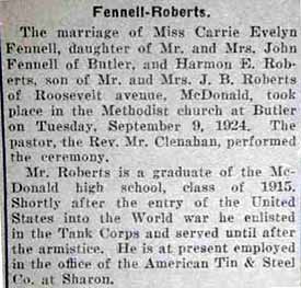 Marriage Notice for Harmon E. ROBERTS to Carrie Evelyn Fennell, 9 Sep 1924