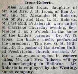 Marriage Notice for Alexander H. ROBERTS to Lucille Irons, 1 Sep 1927
