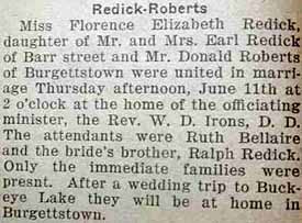 Part 1 Marriage Notice for Donald ROBERTS to Florence Elizabeth Redick, 11 Jun 1925