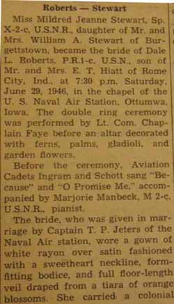 Part 1 Marriage Notice for Dale L. ROBERTS to Mildred Jeanne Stewart, 29 Jun 1946