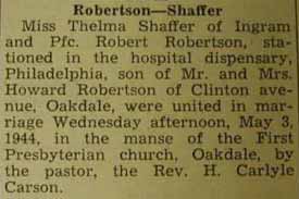 Marriage Notice for Robert ROBERTSON to Thelma Shaffer, 3 May 1944