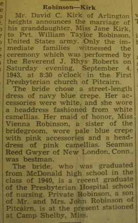 Marriage Notice for William Taylor ROBINSON to Jane Kirk, 4 Sep 1943
