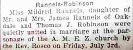 Marriage Notice for Thomas J. ROBINSON to Mildred Rannels, 3 Jul 1925