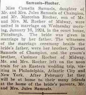 Marriage Notice for Marcelan ROCHER to Camelia Samuels, 16 Jan 1924