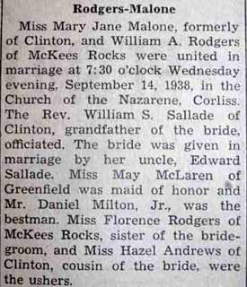 Marriage Notice for William A. RODGERS to Mary Jane Malone, 14 Sep 1938