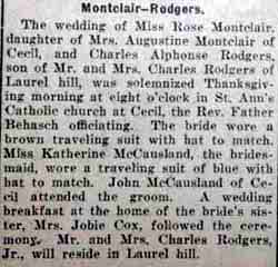 Marriage Notice for Charles Alphonse RODGERS to Rose Montclair, 24 Nov 1921