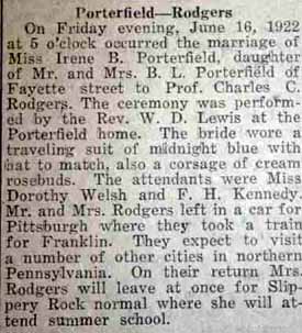 Article 1 Marriage Notice for Charles C. RODGERS to Irene B. Porterfield, 16 Jun 1922