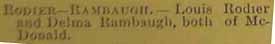 Marriage Notice for Louis RODIER to Delma Rambaugh, no date in 9-5-1896 paper