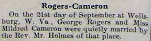 Marriage Notice for George ROGERS to Mildred Cameron, 21 Sep 1914