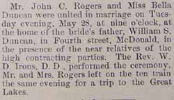 Marriage Notice for John C. ROGERS to Bella Duncan, 28 May 1912